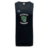 The Columbus Kodiaks Full Color Logo Tempo Vapodri Singlet by WRS Canterbury is a black, recycled polyester athletic shirt featuring the club’s green bear paw logo and text on the chest.