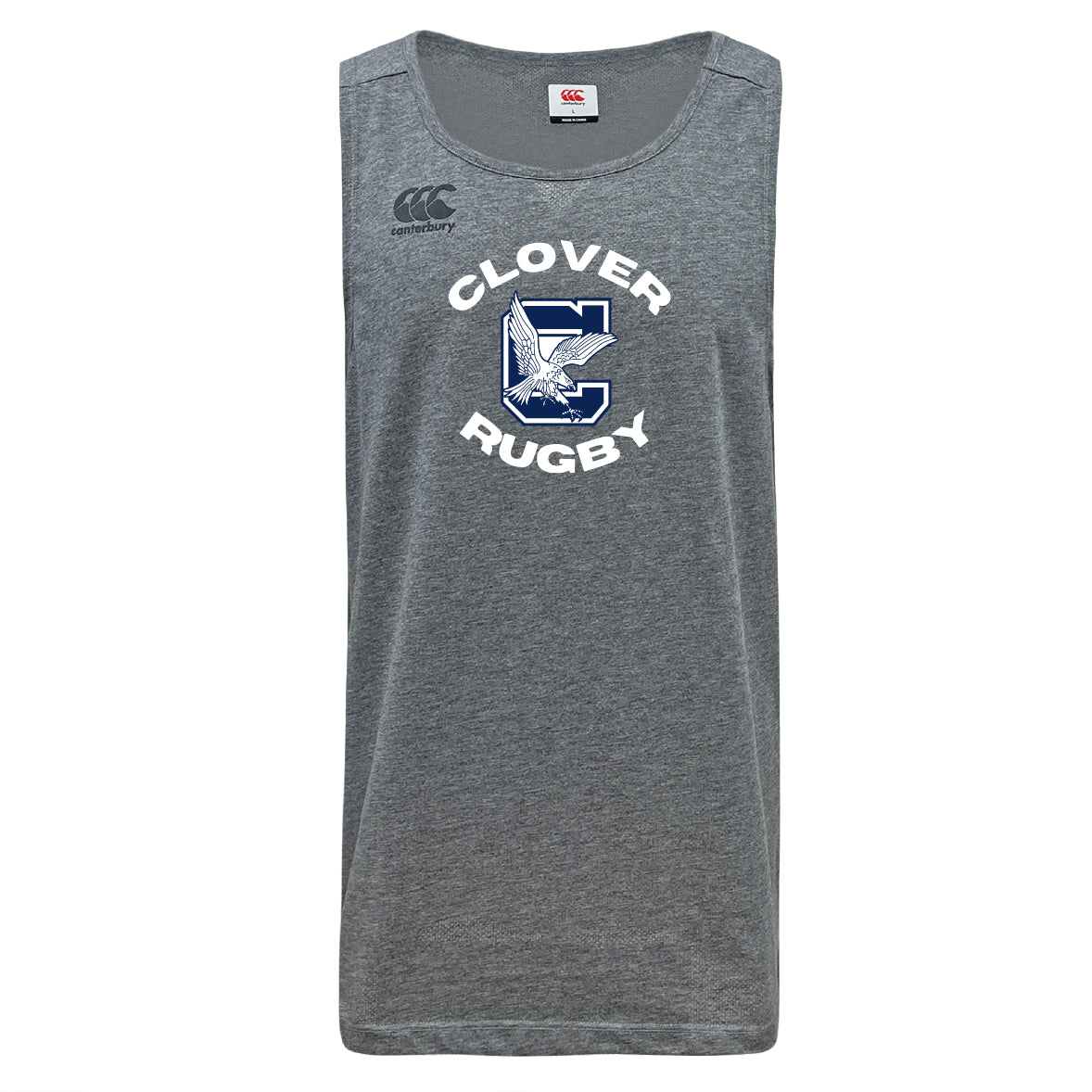 The Clover Middle School Tempo Vapodri Singlet by WRS Canterbury is a gray recycled polyester tank top with "Clover Rugby" and a large C featuring a clover and eagle design on the front.