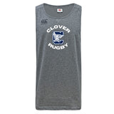 The Clover Middle School Tempo Vapodri Singlet by WRS Canterbury is a gray recycled polyester tank top with "Clover Rugby" and a large C featuring a clover and eagle design on the front.