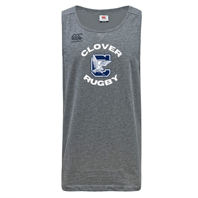 The Clover Middle School Tempo Vapodri Singlet by WRS Canterbury is a gray recycled polyester tank top with "Clover Rugby" and a large C featuring a clover and eagle design on the front.