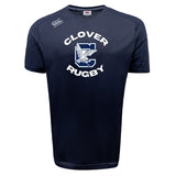 The Clover Middle School Tempo Vapodri T-Shirt by WRS Canterbury features a navy blue design, large white "C" with eagle graphic on the front, moisture-wicking fabric, and the Canterbury logo on the right shoulder.