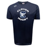 The Clover Middle School Tempo Vapodri T-Shirt by WRS Canterbury features a navy blue design, large white "C" with eagle graphic on the front, moisture-wicking fabric, and the Canterbury logo on the right shoulder.