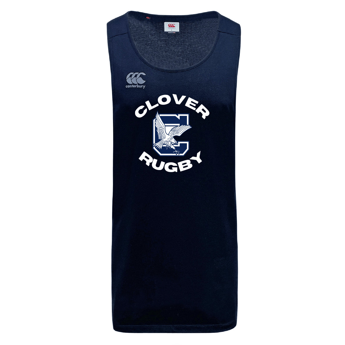 The Clover Middle School Tempo Vapodri Singlet by WRS Canterbury is a navy blue, sleeveless rugby jersey made from recycled polyester, featuring "Clover Rugby" and an eagle logo on the front.