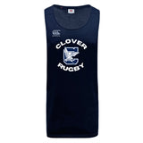 The Clover Middle School Tempo Vapodri Singlet by WRS Canterbury is a navy blue, sleeveless rugby jersey made from recycled polyester, featuring "Clover Rugby" and an eagle logo on the front.