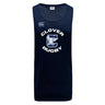 The Clover Middle School Tempo Vapodri Singlet by WRS Canterbury is a navy blue, sleeveless rugby jersey made from recycled polyester, featuring "Clover Rugby" and an eagle logo on the front.