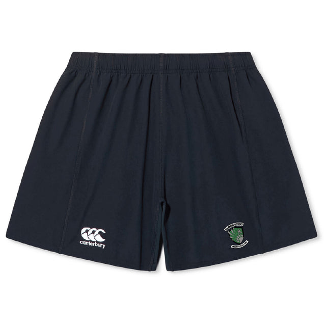 The Columbus Kodiaks Full Color Logo Yokohama Short by EMB Canterbury features a durable navy fabric, elastic waistband, the Canterbury logo on the left leg, and a green crest emblem on the right leg for comfort.