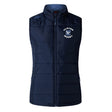 The Clover Middle School Women's Elite Microlite Gilet by EMB Canterbury is a navy blue sleeveless insulated vest with a stand collar, front zipper, and "Clover Rugby" logo—perfect for layering.