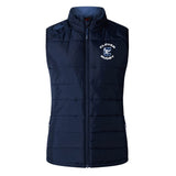 The Clover Middle School Women's Elite Microlite Gilet by EMB Canterbury is a navy blue sleeveless insulated vest with a stand collar, front zipper, and "Clover Rugby" logo—perfect for layering.
