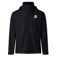 The Chico Oaks Elite Storm Jacket by EMB Canterbury is a black waterproof jacket, designed with Vaposhield technology, complete with a hood and featuring a red circular logo on the chest.