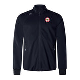 The Chico Oaks Elite Windstopper Jacket by EMB Canterbury is a black full-zip, long-sleeve athletic jacket with a comfortable fit, two front zip pockets, and a circular emblem on the left chest. Its Weatherproof Softshell design combines style and function.