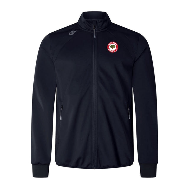 The Chico Oaks Elite Windstopper Jacket by EMB Canterbury is a black full-zip, long-sleeve athletic jacket with a comfortable fit, two front zip pockets, and a circular emblem on the left chest. Its Weatherproof Softshell design combines style and function.