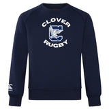 The Clover Middle School Club Crew Sweatshirt by WRS Canterbury is a navy blue sweatshirt with "Clover Rugby" text, a large "C" and bird graphic on the front, plus the Canterbury Club Crew Sweatshirt logo on the left sleeve.