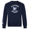 The Clover Middle School Club Crew Sweatshirt by WRS Canterbury is a navy blue sweatshirt with "Clover Rugby" text, a large "C" and bird graphic on the front, plus the Canterbury Club Crew Sweatshirt logo on the left sleeve.