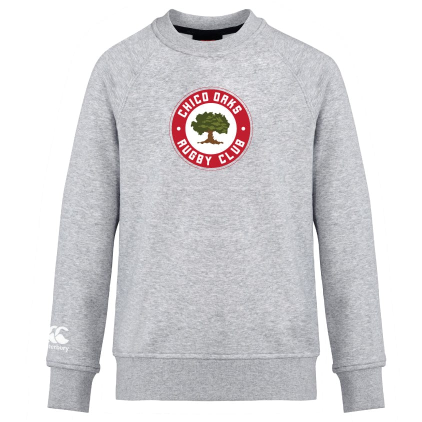 The Chico Oaks Club Crew Sweatshirt by WRS Canterbury boasts an ultra-soft feel with a circular "Chico Oaks Rugby Club" logo featuring a tree on the chest, a white logo on the sleeve, and an embroidered CCC logo for added style.