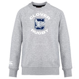 The Clover Middle School Club Crew Sweatshirt by WRS Canterbury features "Clover Rugby" in white and navy, a bold "C," eagle graphic on the chest, ultra-soft feel, and a white Canterbury logo on the left sleeve.