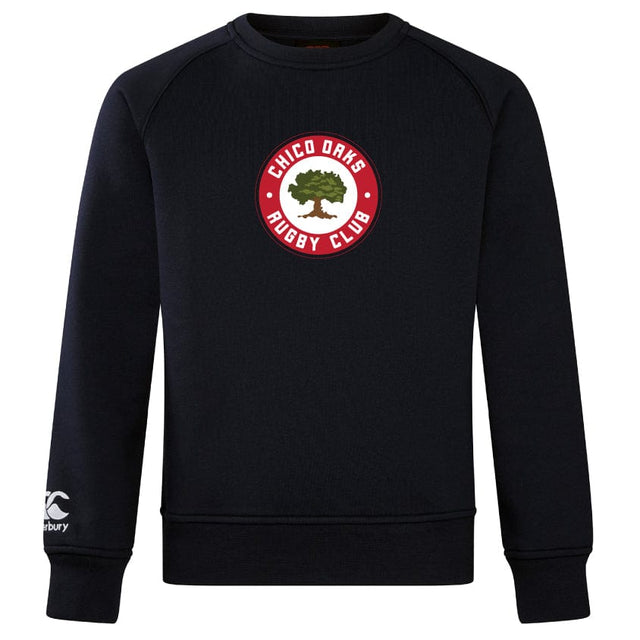 The Chico Oaks Club Crew Sweatshirt by WRS Canterbury is an ultra-soft black sweatshirt featuring the "Chico Oaks Rugby Club" logo with a tree on the front and a small embroidered CCC logo on the left sleeve, reflecting Canterbury's signature style.