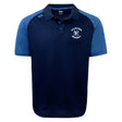 The Clover Middle School Elite Polo by EMB Canterbury features a navy and light blue design, lightweight Vapodri fabric, short sleeves, "Clover Rugby" crest, and Canterbury logo on the left shoulder.