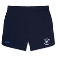 The Clover Middle School Elite Woven Short by EMB Canterbury features zippered pockets and front "Clover Rugby" and Canterbury logos—ideal gym shorts for comfort and style.