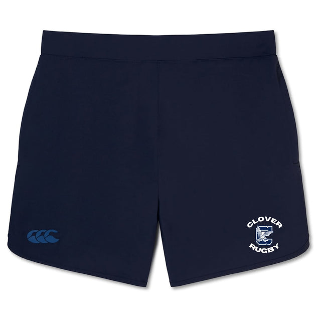 The Clover Middle School Elite Woven Short by EMB Canterbury features zippered pockets and front "Clover Rugby" and Canterbury logos—ideal gym shorts for comfort and style.