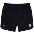 The Chico Oaks Women's Elite Woven Shorts by EMB Canterbury are black athletic shorts featuring a "Crusaders Rugby Club" logo on the right and a small logo on the left, ideal for training or as versatile gym wear.