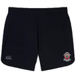The Crescent City Rougaroux Women's Elite Woven Short by EMB Canterbury features plain black fabric, a small white left-leg logo, a tiger crest on the right leg, and zippered pockets for convenience.