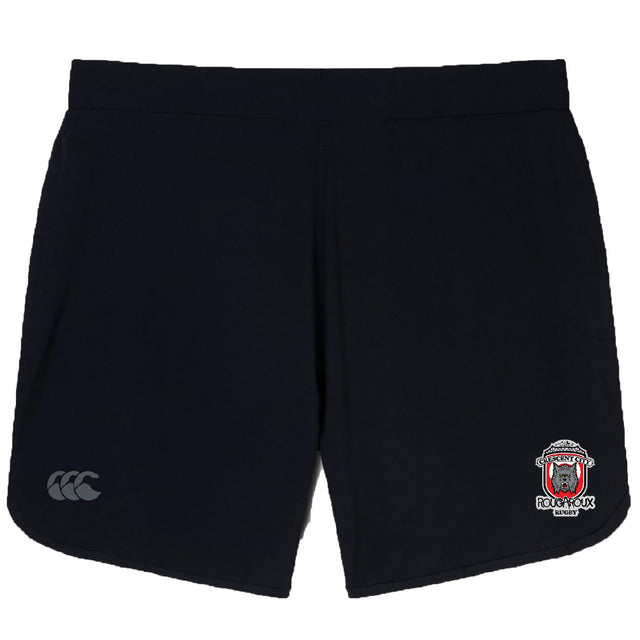 The Crescent City Rougaroux Women's Elite Woven Short by EMB Canterbury features plain black fabric, a small white left-leg logo, a tiger crest on the right leg, and zippered pockets for convenience.