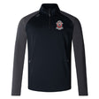 The Crescent City Rougaroux Elite 1/4 Zip Top by EMB Canterbury offers comfort and performance with black and dark grey colors, two zip pockets, a small embroidered team logo on the chest, and lower impact materials.