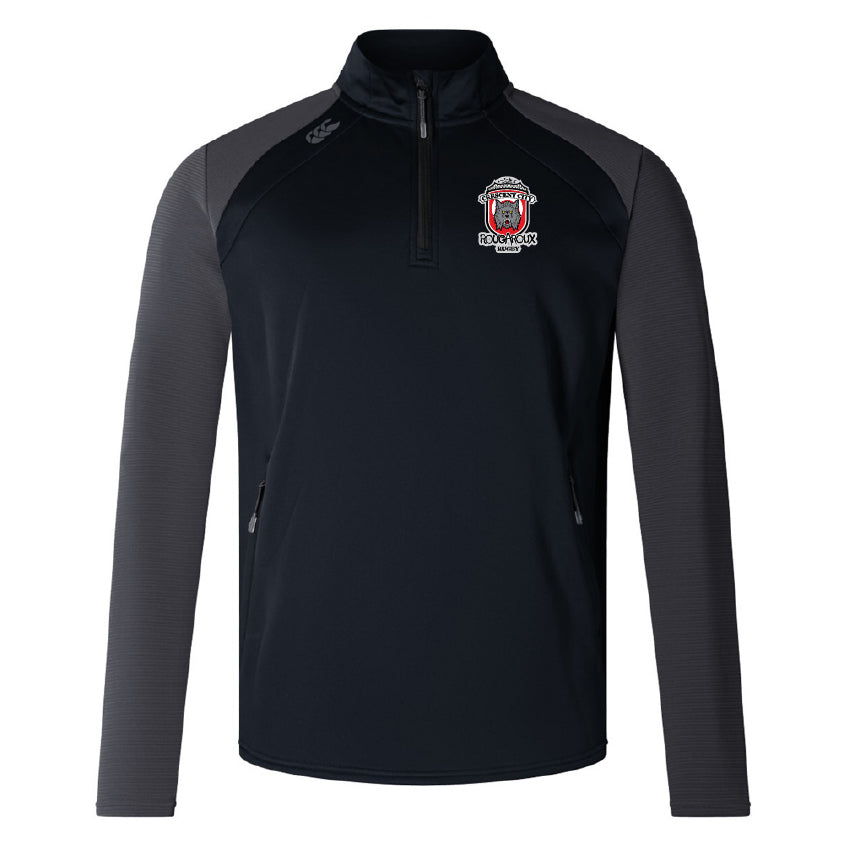 The Crescent City Rougaroux Elite 1/4 Zip Top by EMB Canterbury offers comfort and performance with black and dark grey colors, two zip pockets, a small embroidered team logo on the chest, and lower impact materials.