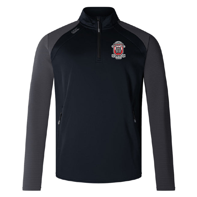 The Crescent City Rougaroux Elite 1/4 Zip Top by EMB Canterbury offers comfort and performance with black and dark grey colors, two zip pockets, a small embroidered team logo on the chest, and lower impact materials.