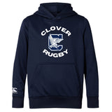 The Clover Middle School Club Lightweight Hoodie by WRS Canterbury features "Clover Rugby" and an eagle graphic on the front, a kangaroo pocket, and the Canterbury logo on the sleeve.