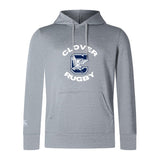 The Clover Middle School Club Lightweight Hoodie by WRS Canterbury is a light gray hoodie with "Clover Rugby," a large "C" with clover and bird graphic on the chest, and a classic kangaroo pocket for comfort.