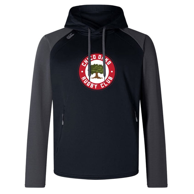The Chico Oaks Elite Training Hoody by WRS Canterbury is a black hoodie with gray sleeves, crafted from premium fabrics, featuring the "Chinooks Rugby Club" logo on the chest. It offers both style and comfort.