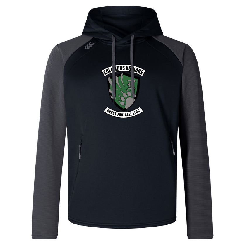 The Columbus Kodiaks Full Color Logo Elite Training Hoody by WRS Canterbury features a bear paw and club logo on the front, offering top performance and comfort. Black and gray design.