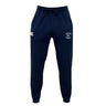 The Clover Middle School Leisure Sweatpant by EMB Canterbury is navy blue with a drawstring waist and features two white embroidered logos on the front thighs.