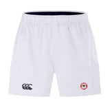 The Chico Oaks Advantage Short 2.0 by EMB Canterbury offers top performance with its white athletic design, featuring an elastic waistband and a black stylized logo on the left leg. A small circular emblem on the right leg completes these shorts made with recycled content.
