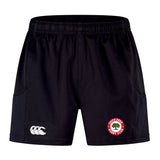 The Chico Oaks Advantage Short 2.0 by EMB Canterbury features a left leg logo with "Chico Oaks Rugby Club" in red around a green oak tree. Made from recycled materials, the shorts have another white logo on the right leg for added authenticity and ultimate performance.