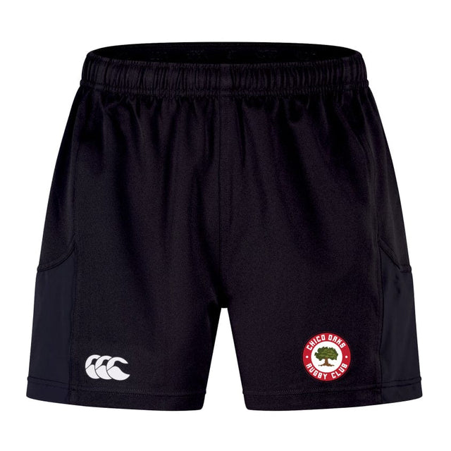 The Chico Oaks Advantage Short 2.0 by EMB Canterbury features a left leg logo with "Chico Oaks Rugby Club" in red around a green oak tree. Made from recycled materials, the shorts have another white logo on the right leg for added authenticity and ultimate performance.