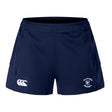 The Clover Middle School Women's Advantage Short 2.0 by EMB Canterbury are navy blue recycled training shorts with a white "CCC" logo on the left and "Clover Rugby" emblem on the right leg, designed for performance and comfort.