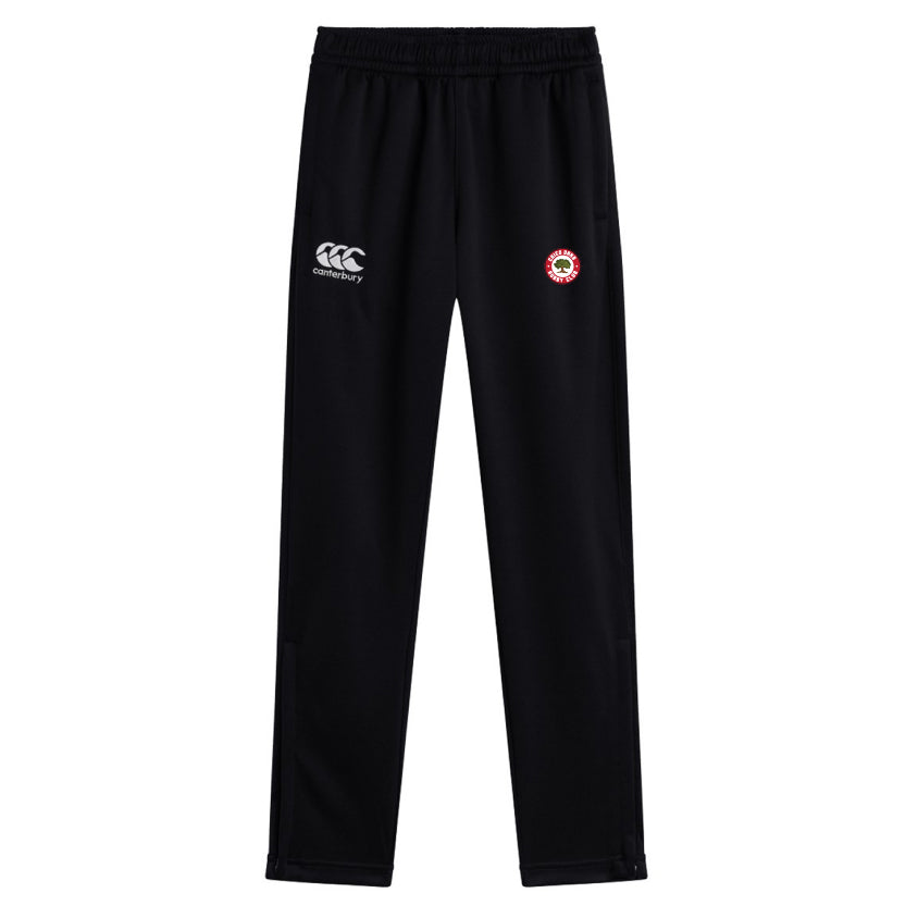 Check out the Chico Oaks Stretch Tapered Pant by EMB Canterbury: Crafted in black quick-dry fabric with a white logo on the right thigh and a red circular emblem on the left, they're perfect for any fitness routine!.