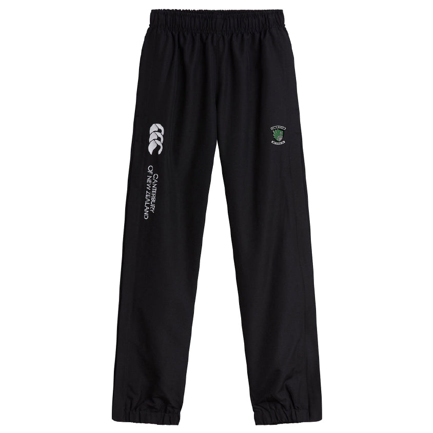 The EMB Canterbury Columbus Kodiaks Full Color Logo Cuffed Hem Stadium Pant is a black rugby pant with an elastic waistband, cuffed hem, white Canterbury logo, and a green and white Columbus Kodiaks team emblem on the front.