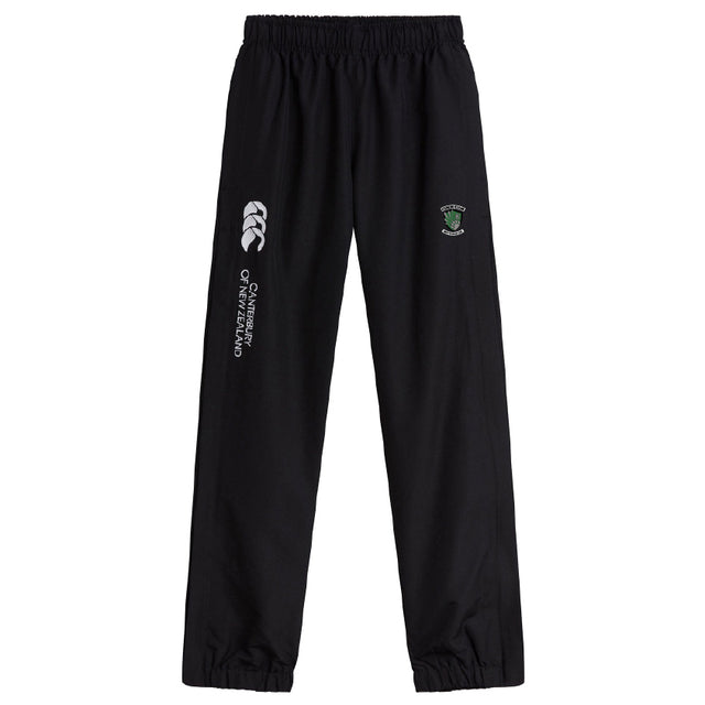 The EMB Canterbury Columbus Kodiaks Full Color Logo Cuffed Hem Stadium Pant is a black rugby pant with an elastic waistband, cuffed hem, white Canterbury logo, and a green and white Columbus Kodiaks team emblem on the front.