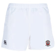 The Crescent City Rougaroux Player's Drill Short by EMB Canterbury features an elastic waistband, is made from recycled fabric, and displays the Canterbury logo on the left leg and the team crest on the right for sustainable style.
