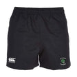 The Columbus Kodiaks Full Color Logo Professional Polyester Rugby Short by EMB Canterbury features an elastic waistband, a white Canterbury logo on the left leg, and a green and white crest on the right leg.