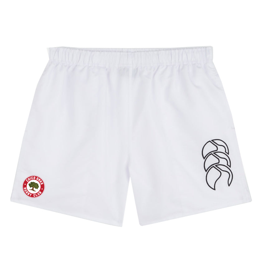 The Chico Oaks Tactic Short by EMB Canterbury offers lightweight, comfortable athletic shorts for men, featuring an elastic waistband, a crest on the left leg, and a stylized logo on the right. Ideal for rugby enthusiasts seeking both style and comfort.