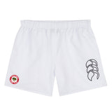 The Chico Oaks Tactic Short by EMB Canterbury offers lightweight, comfortable athletic shorts for men, featuring an elastic waistband, a crest on the left leg, and a stylized logo on the right. Ideal for rugby enthusiasts seeking both style and comfort.