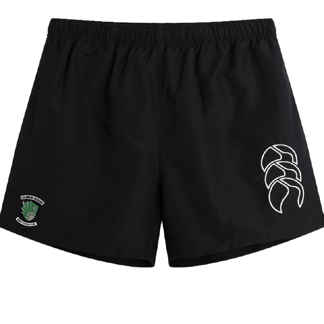 The EMB Canterbury Columbus Kodiaks Full Color Logo Tactic Short features an elastic waistband, a white Canterbury logo on the right leg, and a green and white Kodiaks emblem on the left—ideal men’s sportswear for training or casual wear.