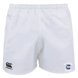 The Clover Middle School Professional Polyester Rugby Short by EMB Canterbury features an elastic waistband, durable polyester fabric, the Canterbury logo on the left leg, and the Clovers Rugby logo on the right.