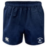 The Clover Middle School Advantage Rugby Shorts by EMB Canterbury are navy blue with an elastic waistband and feature "Canterbury" and "Clover Rugby" logos. These shorts offer moisture-wicking comfort for intense matches.