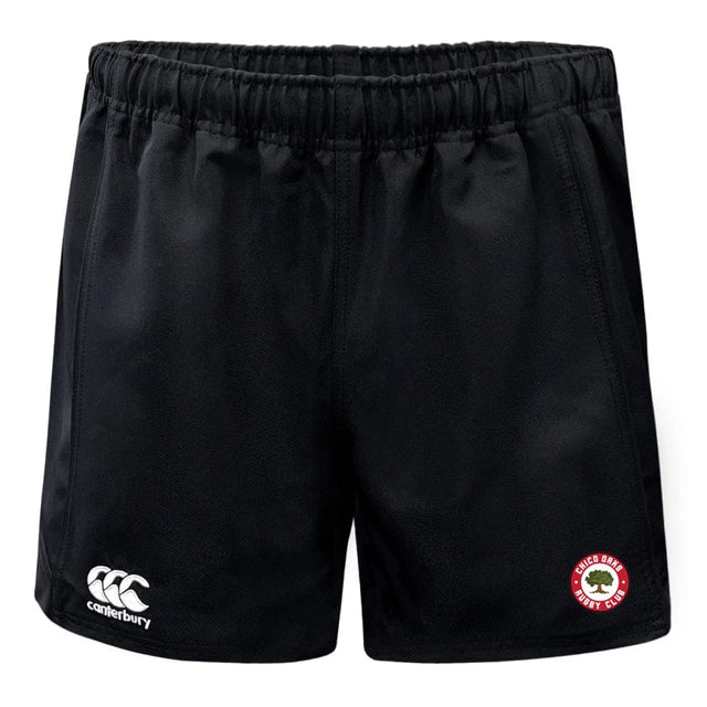 Chico Oaks Advantage Rugby Shorts by Canterbury feature an elastic waistband, a Canterbury logo on the left, and a badge with a red emblem on the right. They are made with moisture-wicking fabric for comfort during intense games. Brand: EMB Canterbury.