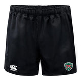The Central Alabama Youth Rugby Player's Drill Short by EMB Canterbury features a black design with a logo on the right leg, an elastic waistband, and the Canterbury brand logo on the left. Made from recycled fabric, these durable athletic shorts ensure both performance and sustainability.
